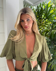 Olive Cropped Silk Blouse