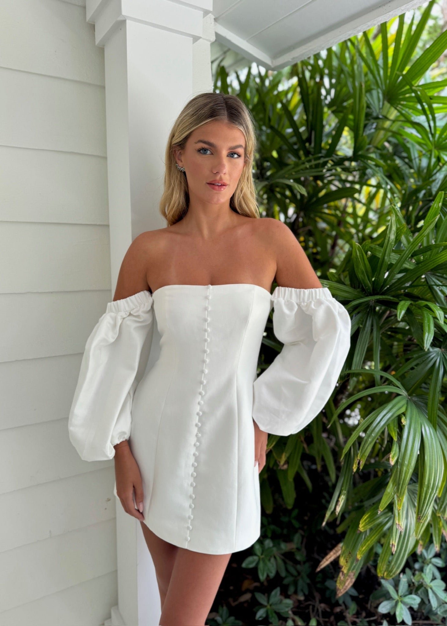 open lace back dress Theresa Off-The-Shoulder Puff Sleeve Mini Dress • Shop American Threads Women's Trendy Online Boutique White / S