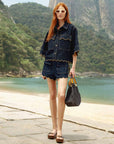 Dark Denim Wavy Hem Shorts