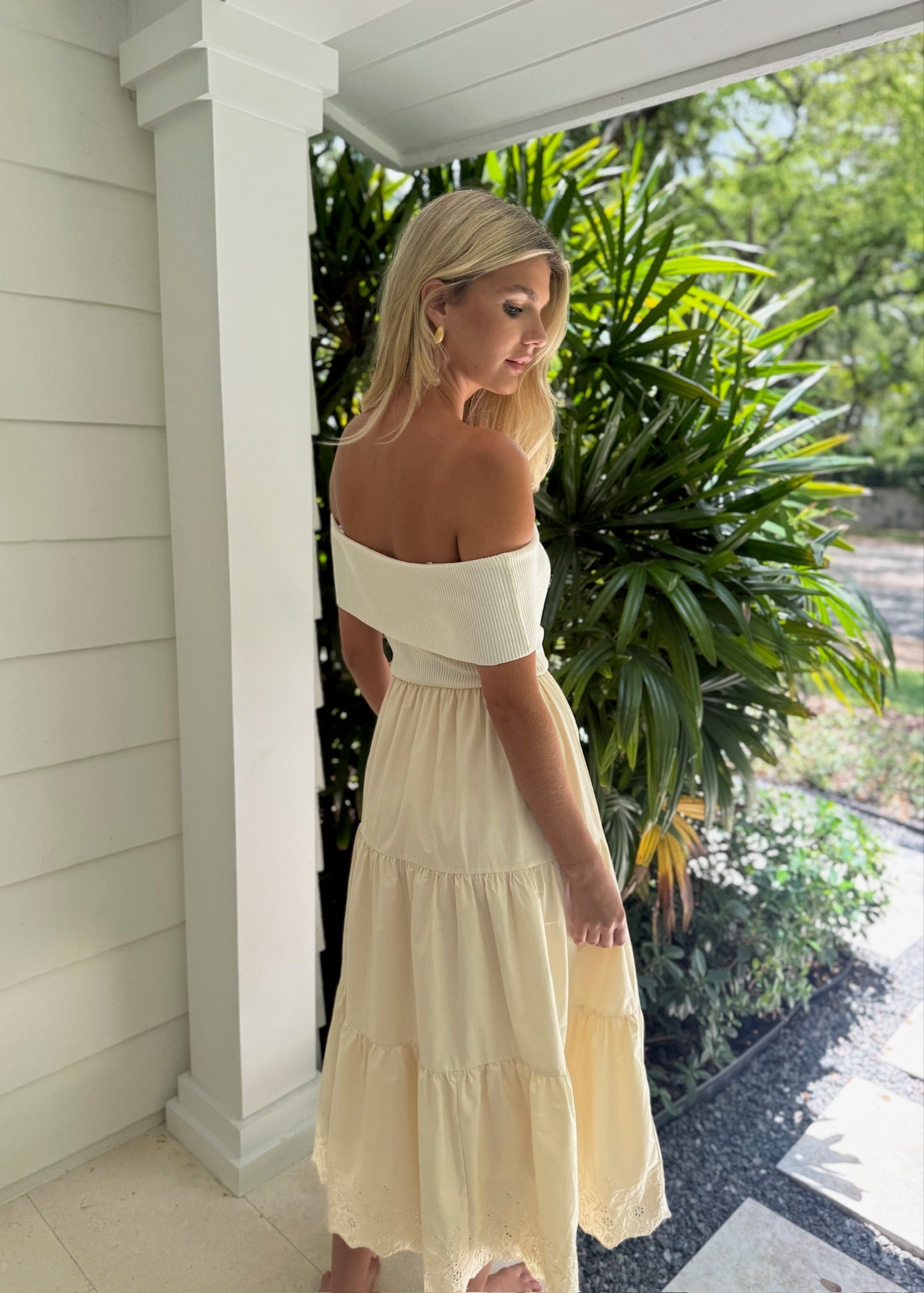 Off Shoulder Eyelet Midi Dress
