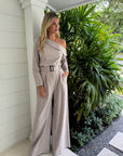 Draped Camel Flannel Long Sleeve Blouse
