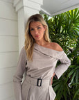 Draped Camel Flannel Long Sleeve Blouse